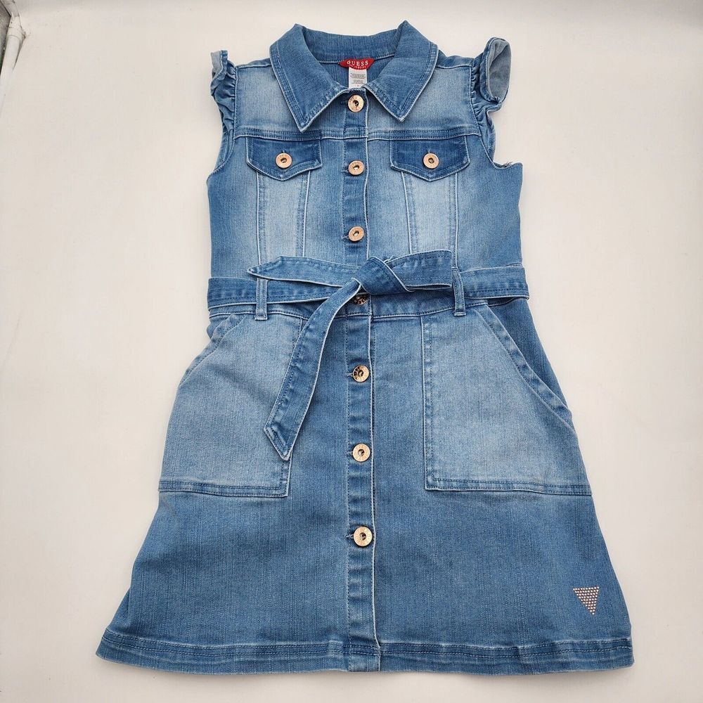 GUESS Los Angeles Girl's Blue Jean Dress Button-Up W/Ruffles Size 7